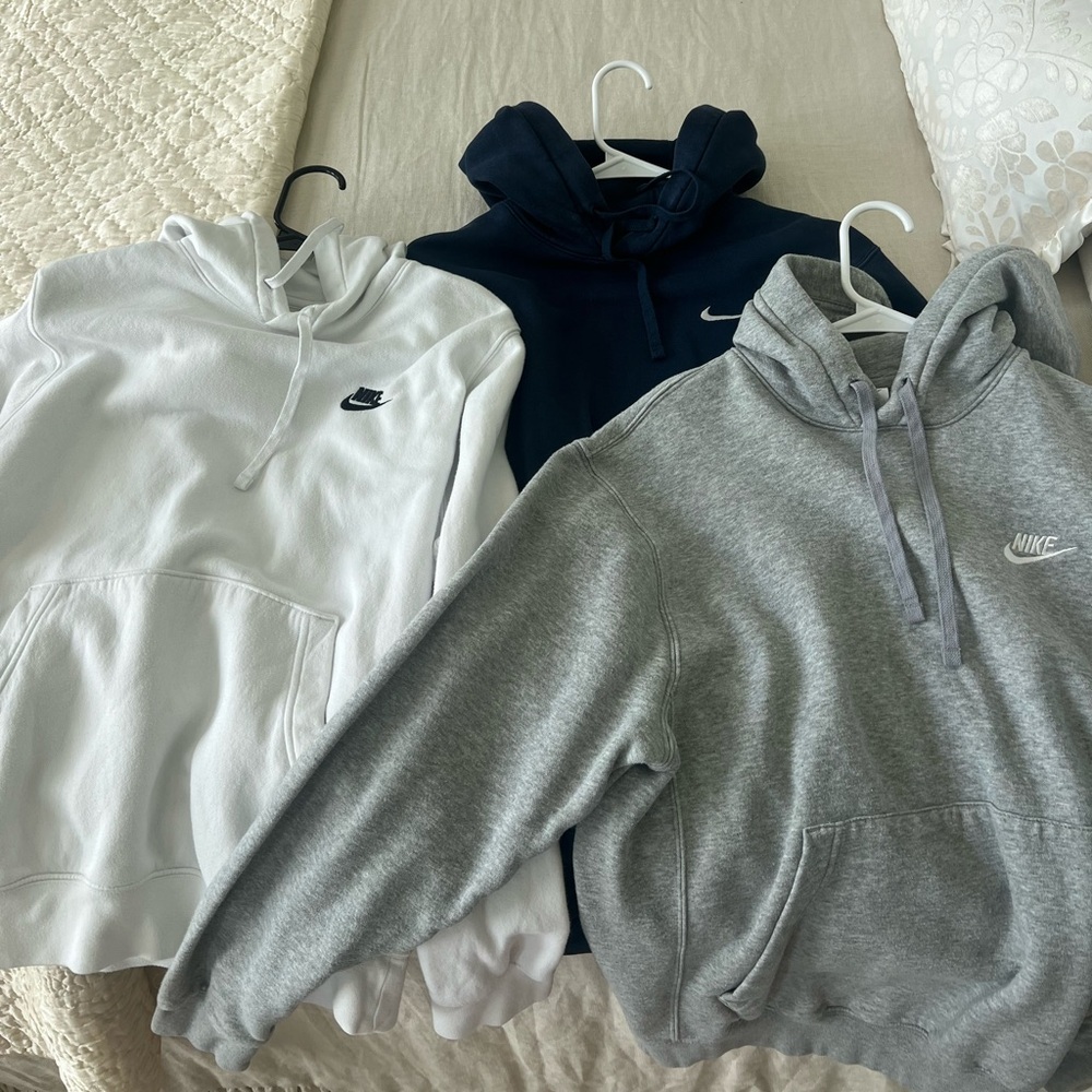Bundle of 3 Nike Club Hoodies in White, Gray, and Navy